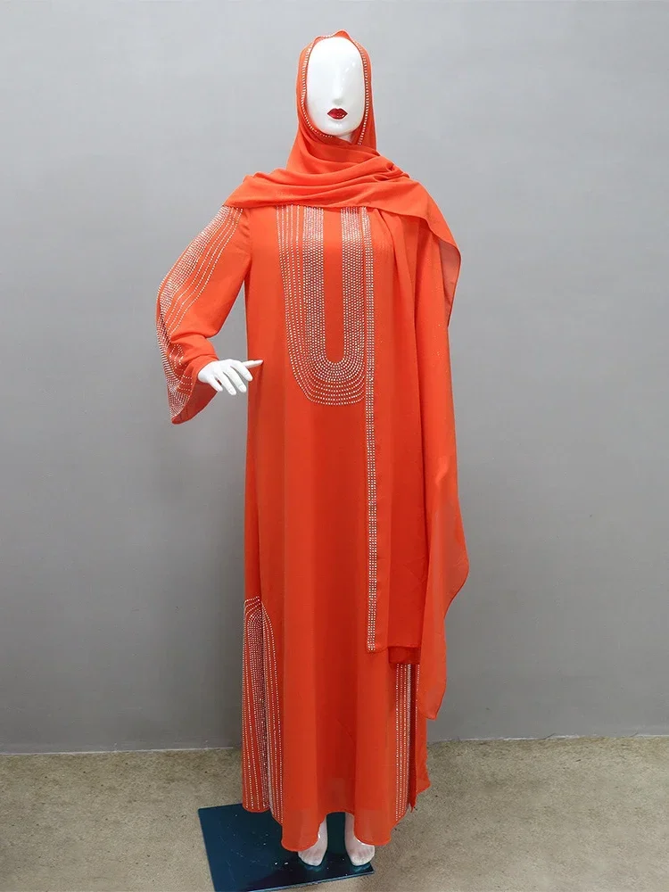 Saudi Arabic Party Dress for Women Abaya Muslim Diamond Hijab Dresses Set 2 Piece Vestidos Mujer Morocco Kaftan Abayas Robe 2023