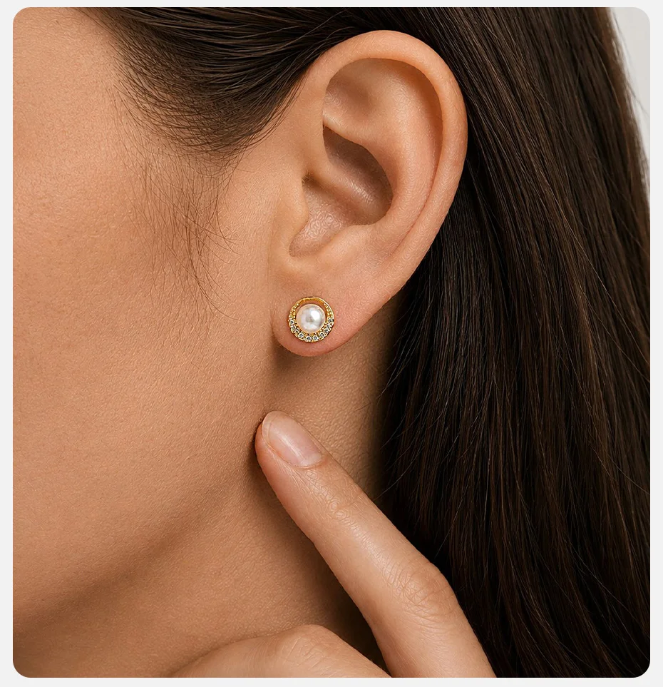 Vnox Exquisite Kupfer-Ohrringe mit geometrischen Imitationsperlen für Damen, trendige, vergoldete, glänzende Zirkon-Ohrstecker, Hochzeitsschmuck – Detail 3