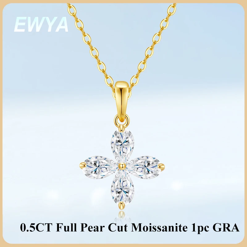 EWYA Clover 0.5CT Pear Cut Moissanite Flower Necklace S925 Sterling Silver Sparkling Dainty Party Lab Diamond Pendant for Women