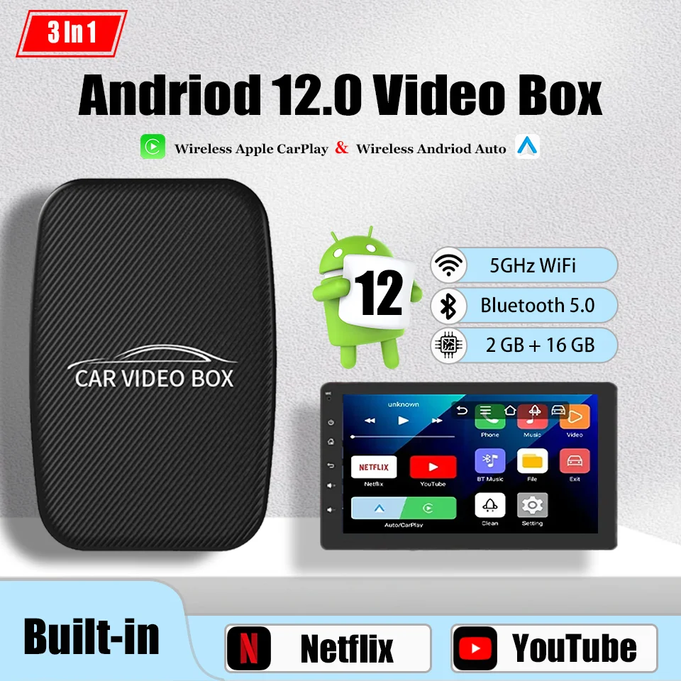 New CarPlay Smart TV Box Android 12.0 & Apple CarPlay & Android Auto 3IN1 Miniandroid car multimedia  Built-in Youtube Netflix