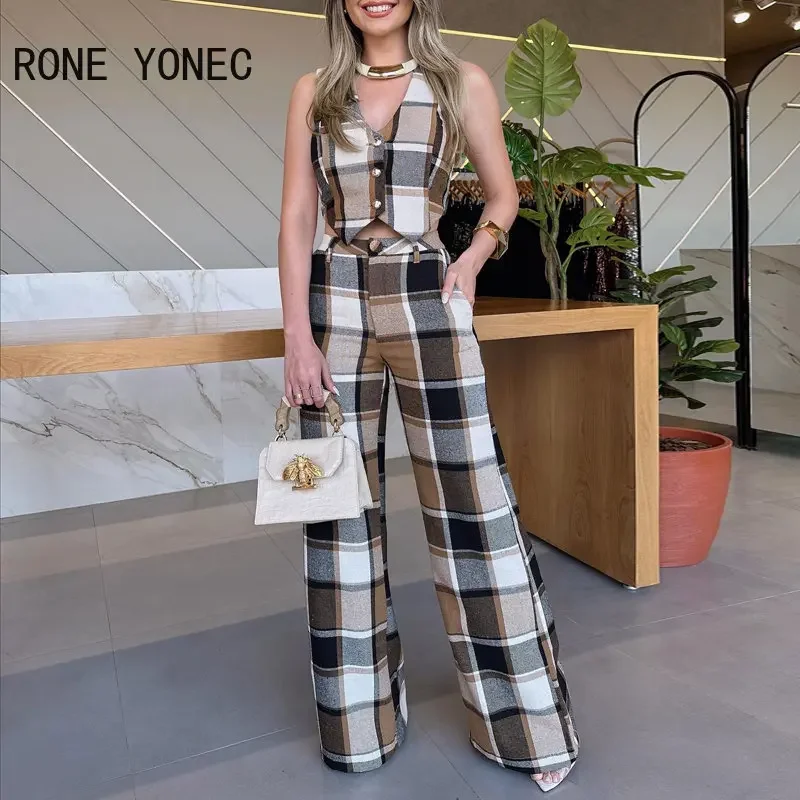 2023 Women Plaid Pattern Sleeveless Vest Button Lace Up Fake Pocket Working Blazer Vest & Pants Women Set