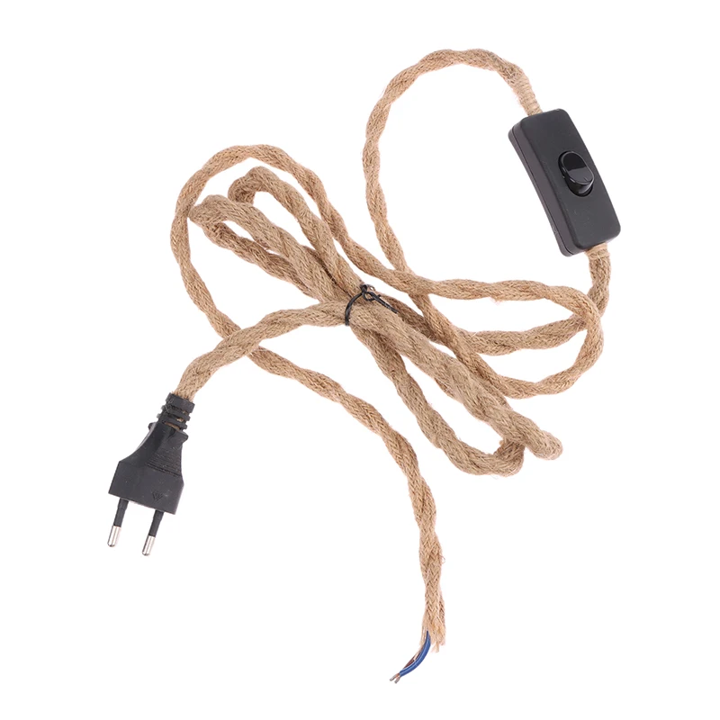 Cable de alimentación de cuerda de cáñamo retorcido con enchufe europeo, Cable de enchufe de Base de lámpara Retro E27, Cable de interruptor de hilo de 1,8 metros para decoración de lámpara de pared