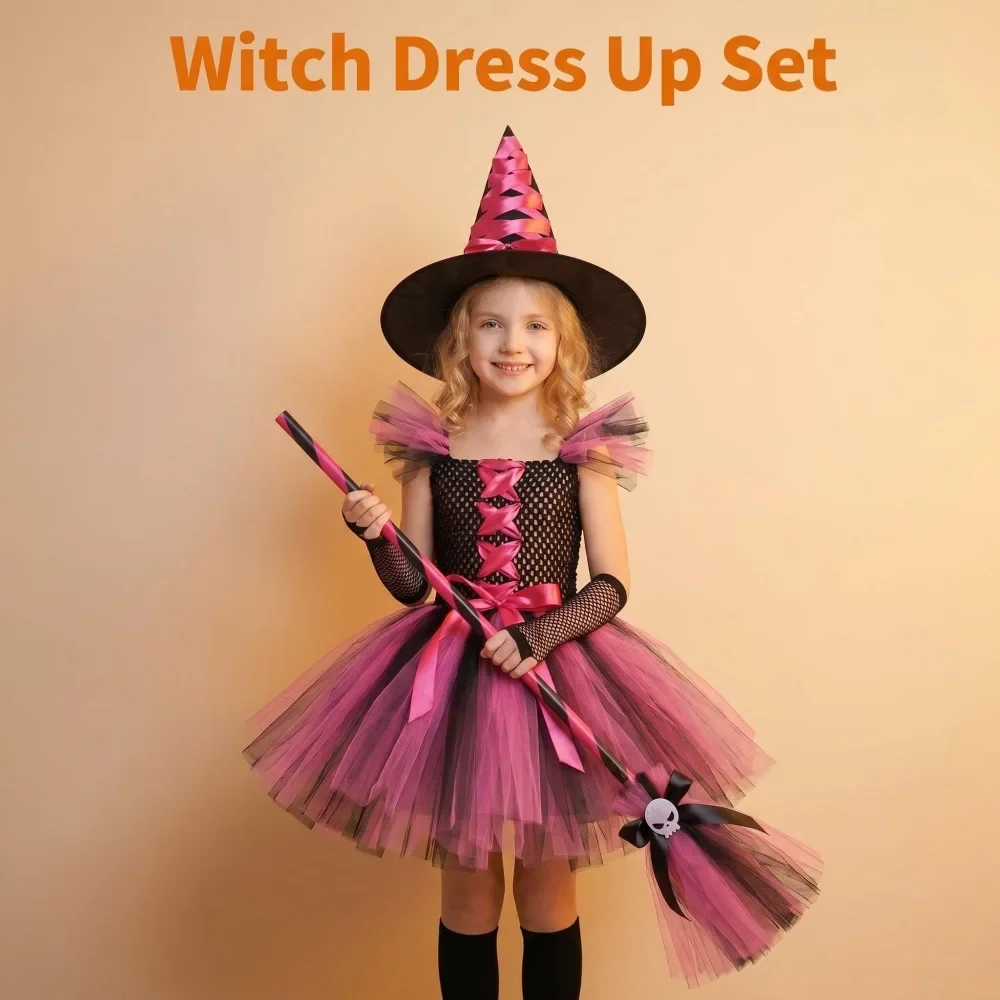 Halloween Mädchen Rosa-Schwarzes Hexen-Tutu-Kleid-Set mit Hut, Handschuhen, Socken, Besen Kinder Kostüm Cosplay Partykleidung – Detail 3
