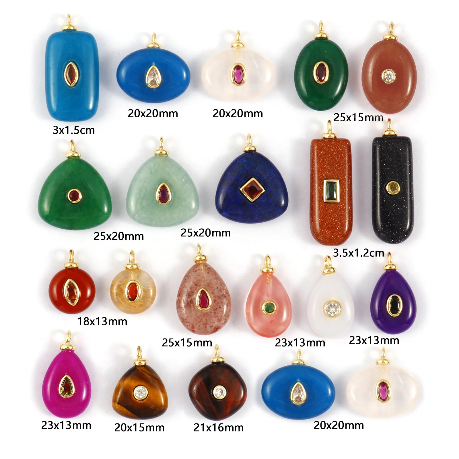 1 Piece Brass & Cubic Zirconia Natural Stone Geometric Charms 18K Gold Plated Olivary Round Pendant For DIY Necklace Making