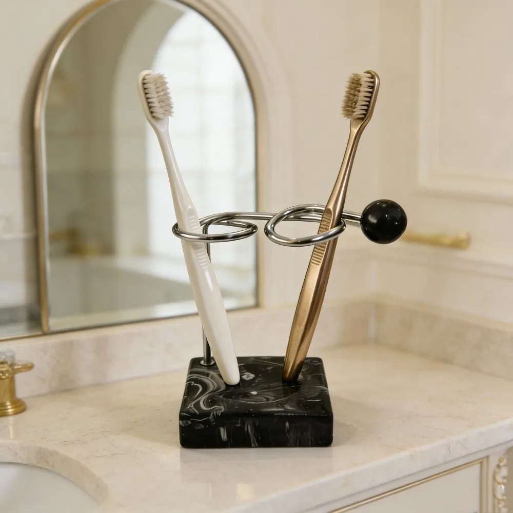Stable Resin Base Toothbrush Holder Metal Ring Dual Slot Bath Rack Ball Decor Marble Print Bath Caddy For Bath Counter