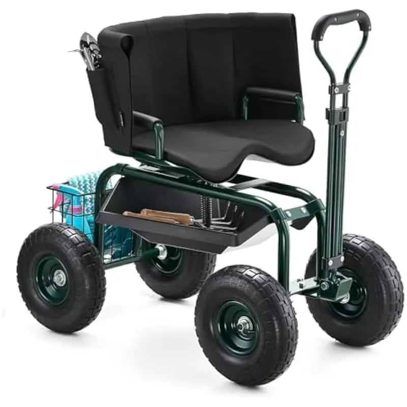 Rolling Garden Seat with 10-Inch All-Terrain Tires, Adjustable Handle Height 22.83–32.87 Inches, 360-Degree Swivel Cushioned Sea