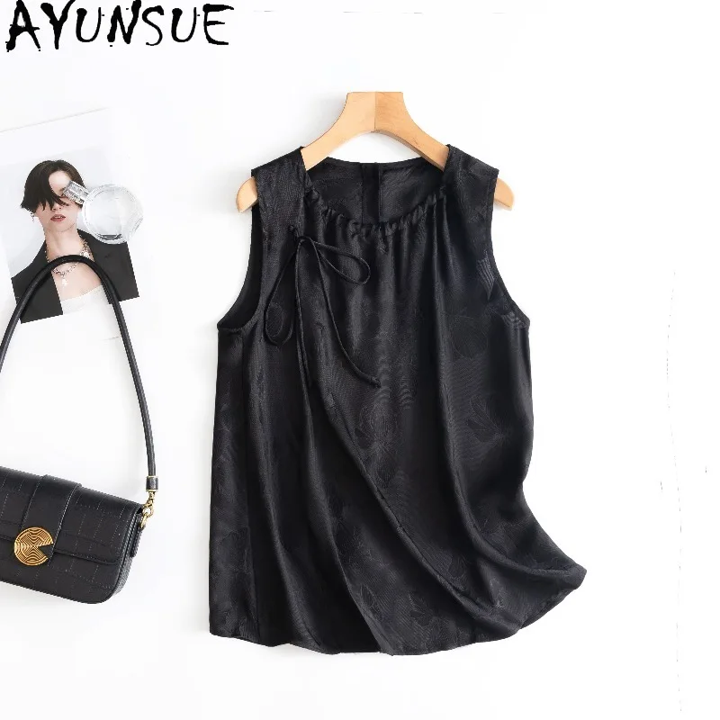 AYUNSUE 100% Silk Women's Tanks New Chinese Style Black Blouse Lace-up Sleeveless Tops for Woman Clothes High Quality Ropa Mujer