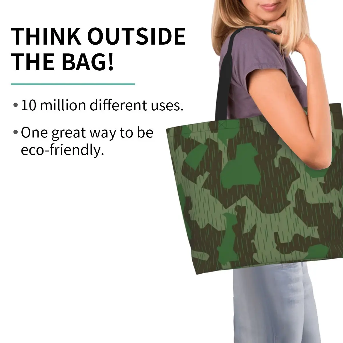 مخصص WW2 العسكرية المشبل كامو حقيبة تسوق من القماش إعادة تدوير سعة كبيرة البقالة Splittertarn التمويه حمل أكياس المتسوق