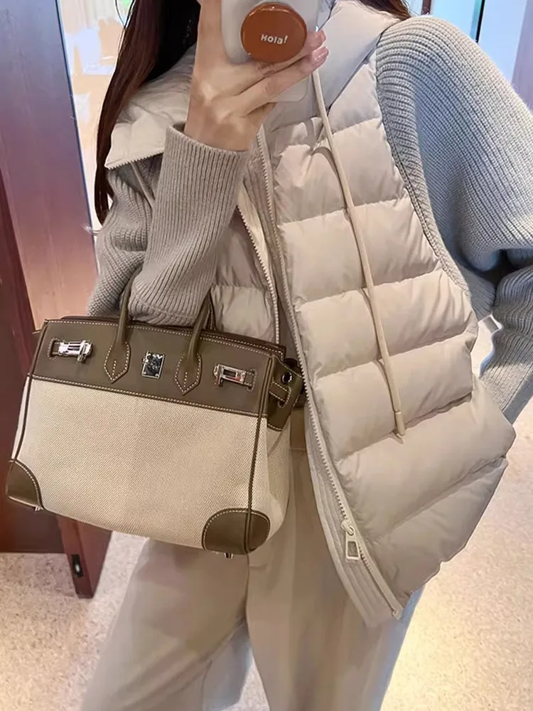 Coreano sle ort ey com capuz de malha emenda durável feminino para baixo jaet outono inverno thiened outerwear commute faion