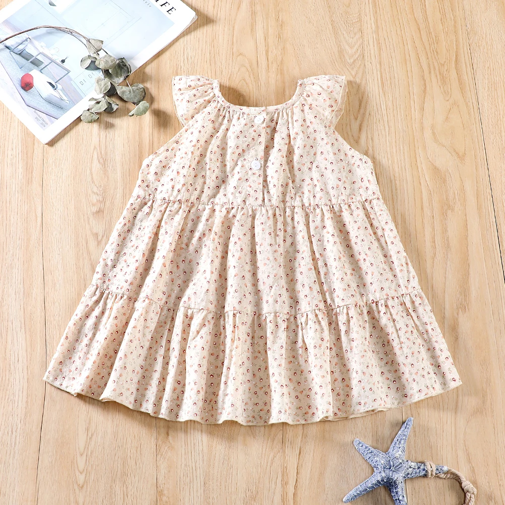 Girls Cute Ruffle Trim Sleeveless Natural Delicate Floral Dress Children's Vintage Garden Dress