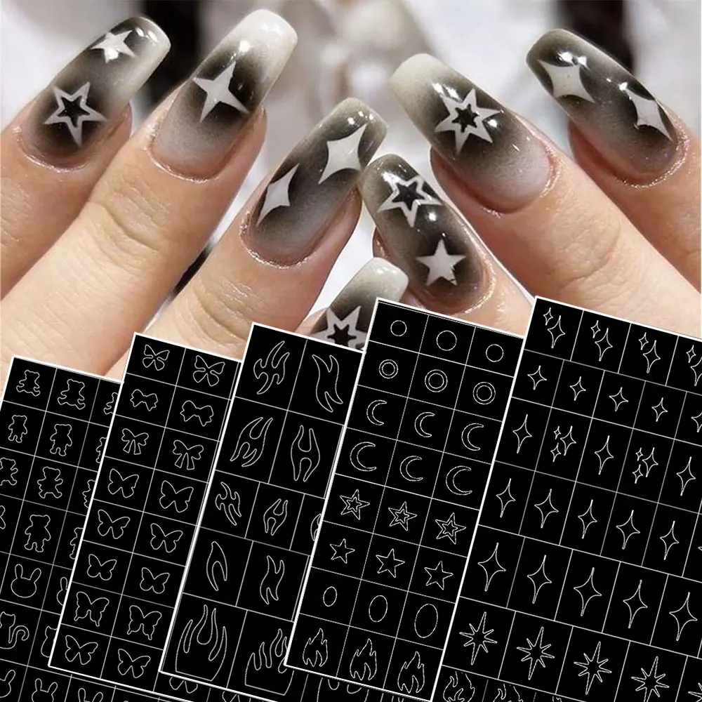 3D holle ster maan airbrush stencils nagelstickers vlam vlinder boog beer nagel afdrukken stickers Franse manicure tips mallen
