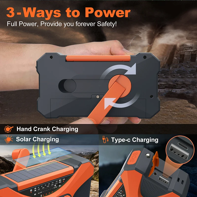 Radio Solar de emergencia con manivela portátil, dispositivo de 10000mAh, AM/FM/NOAA, SOS, con linterna y lámpara de lectura, cargador de teléfono móvil