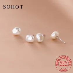 Classic Real 925 Sterling Silver Irregular Baroque Pearl Stud Earrings For Fashion Women Fine Jewelry Punk Accessories
