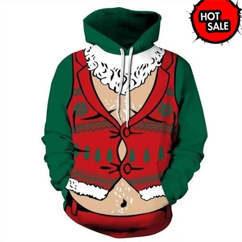 

Santa Claus Men's Graphic Hoodie Fashionable Funny Muscle 3D Printed Pullover Hoodies Men Ugly Christmas Vacation Hoodie Clothes