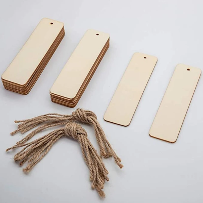 100pcs Wood Blank Bookmarks Rectangle Shape Hanging Tags garden Wooden Book Markers Ornaments with Holes and Ropes  DIY Crafts image 2