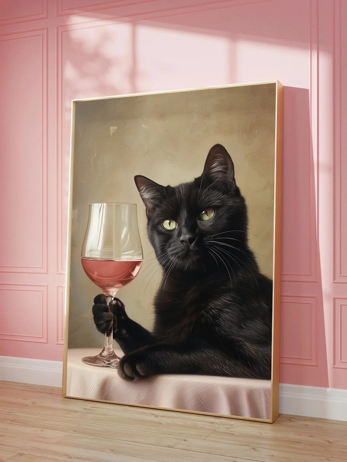 Black Cat with Glass of Wine Pink Print Animal Preppy Poster Painting Modern Boho Wall Art Girly Dorm Tween Teen Room Decor Fram view 2