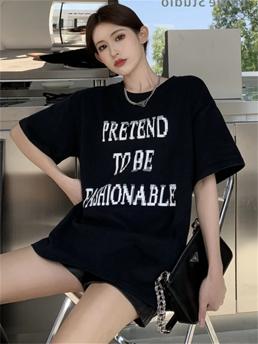 PLAMTEE Women Casual Tees Half Sleeve Daily Cotton Printed Letter High Street 2024 New Loose Spring Chic All Match T-Shirts