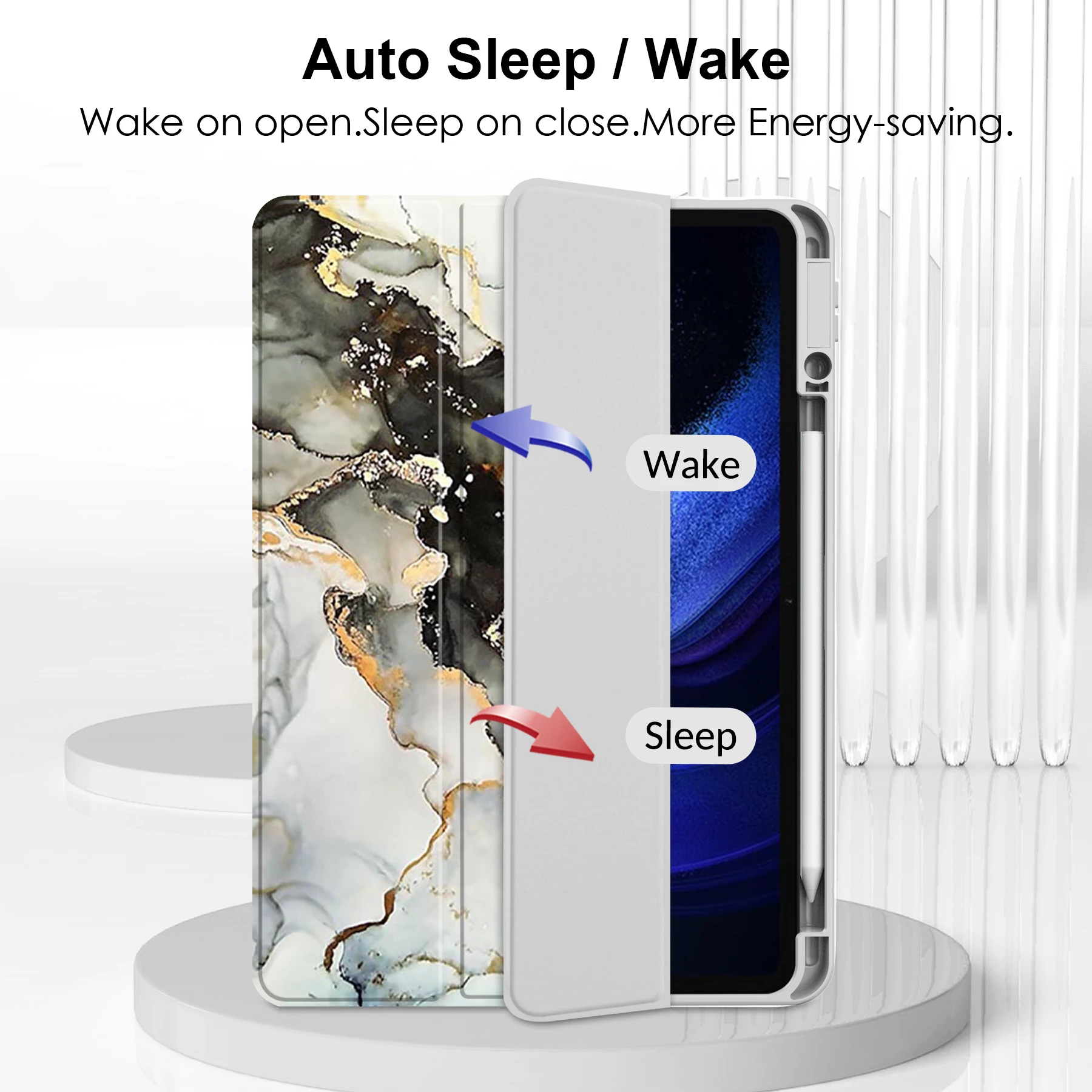 For Xiaomi Pad 6 Pro  /  Pad 6 Tablet Case Tri-Fold Stand Pattern Printing Clear Acrylic Leather Cover - Grey Marble
