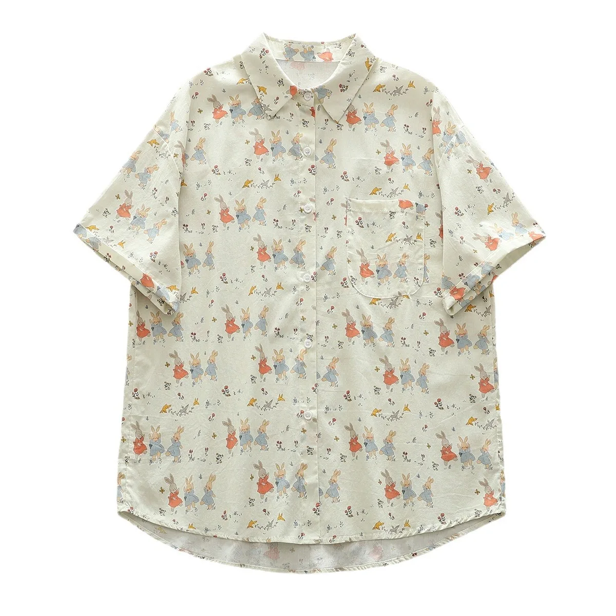 New Spring Cotton Rabbit Printed Shirt Women Lapel Short Sleeve Sweet Tops Girl Age Reduction Loose Blouses 2024 Autumn T44643QC