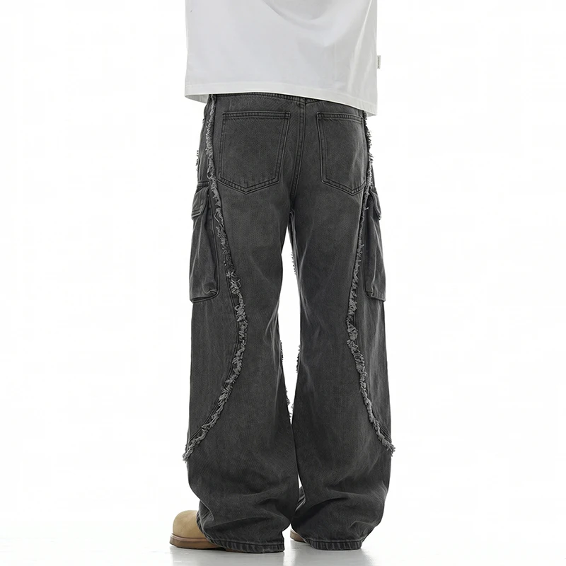 High End Men's Cargo Jeans European Casual Raw Edge Deconstructed Design High End Denim Avant Garde Streetwear