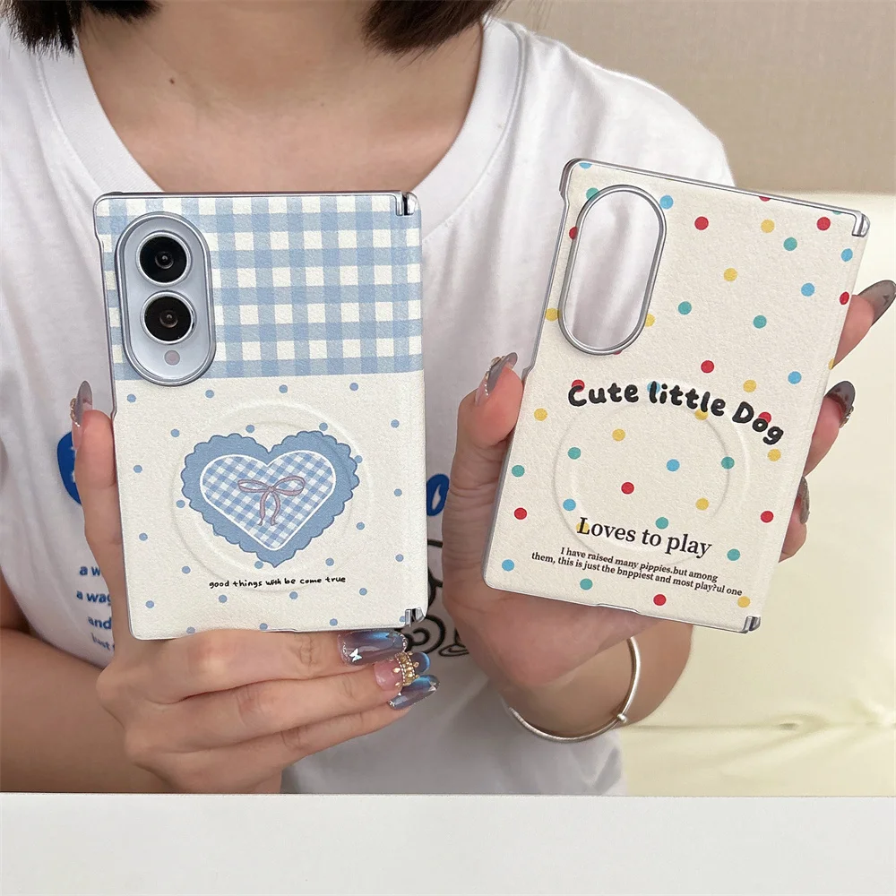 Cute Blue Bow Polka Dot Dog Magnetic Phone Case For Samsung Galaxy Z Fold8 Ultra Fold7 6 5 4 Protective Foldable for Magsafe