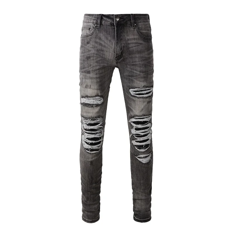 

Men's High Street Distressed Black PU Leather Ribs Patchwork Holes Stretch Slim Fit Designer Ripped Destroyed Was;hed Grey Jeans