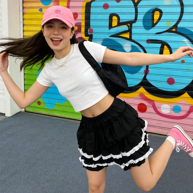 

Elastic waist cake style midi skirt with white lace edge Y2K cute street contrasting color multi-layer ruffle edge short skirt