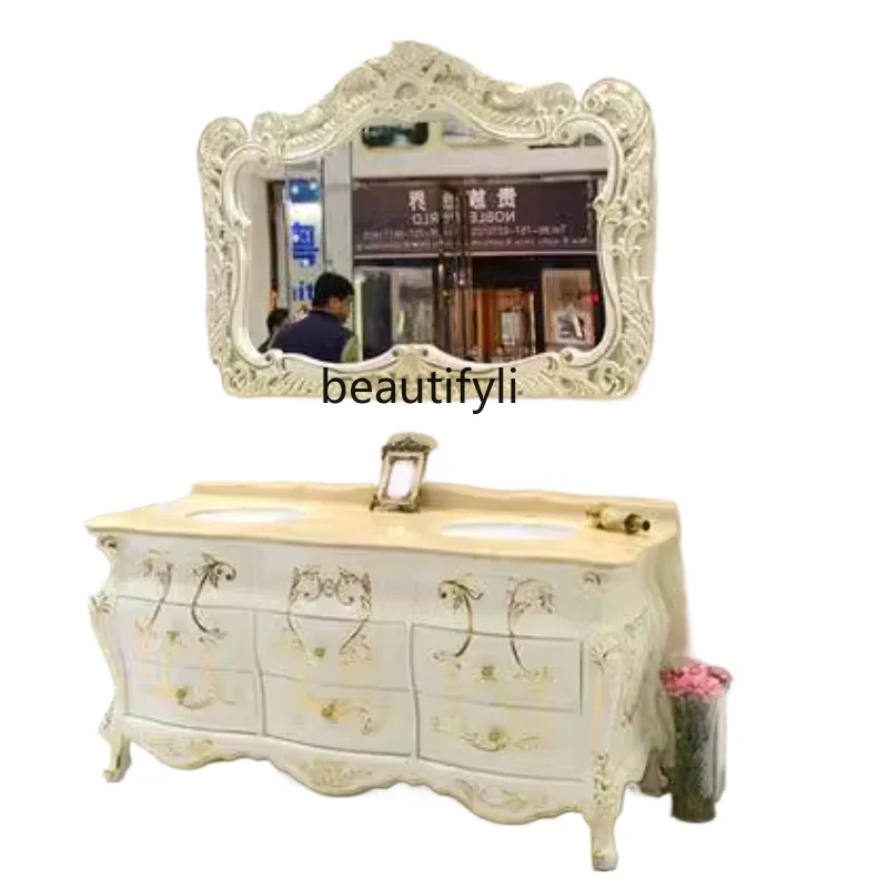 

Luxury European bathroom floor-to-ceiling bathroom cabinet antique oak French bathroom hand wash basin cabinet combination