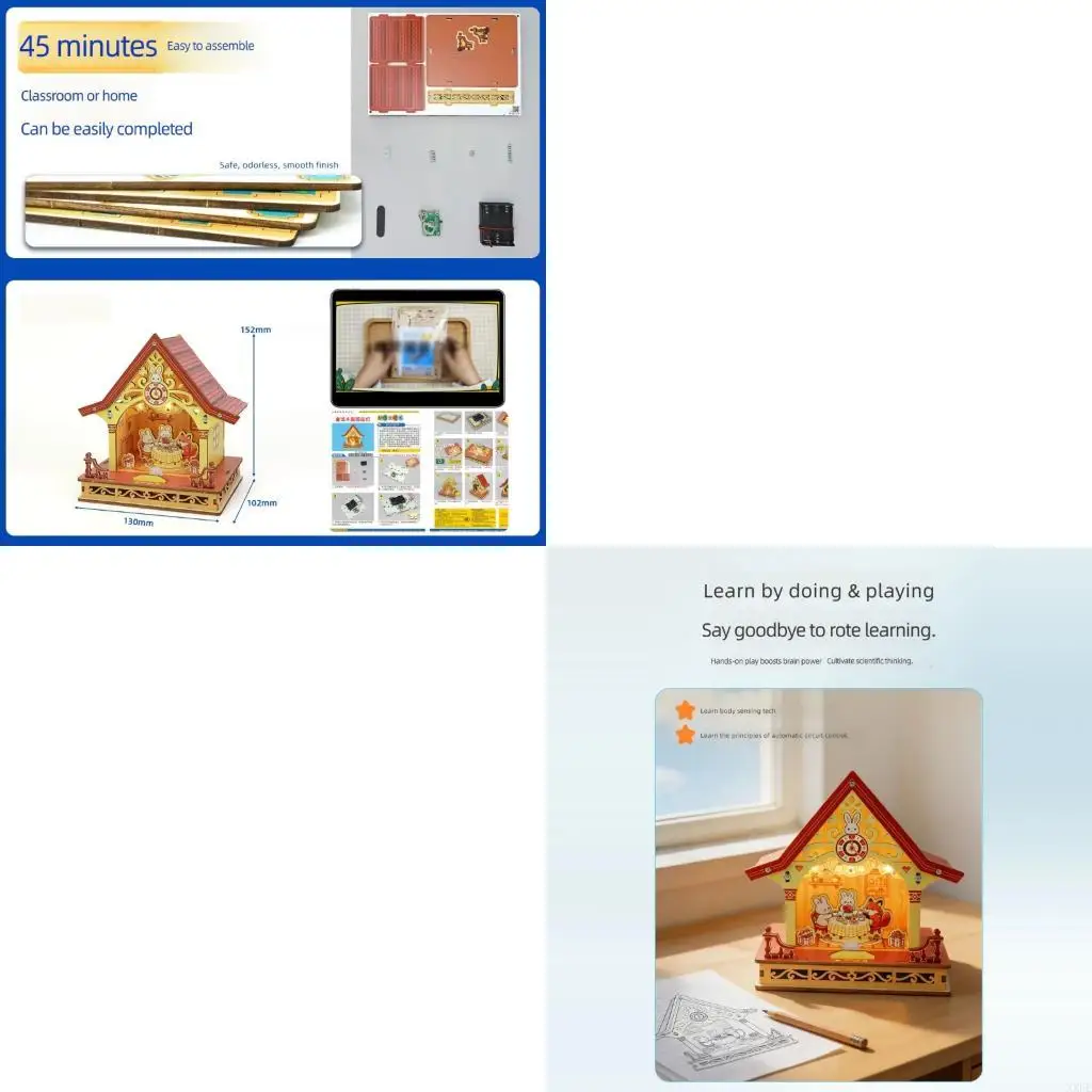 XXFE Electronic Cottage Assembly House Model with Light, Wooden DIY Science Craft Project for Kids, Students, and Shelf Display