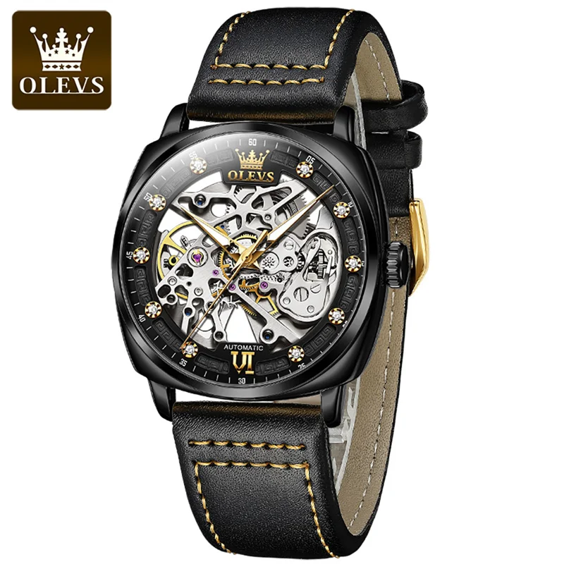 OLEVS Luxury Men Watches Automatic Mechanical Wristwatch Skeleton Design Waterproof Leather Strap Male Watch Reloj Hombre