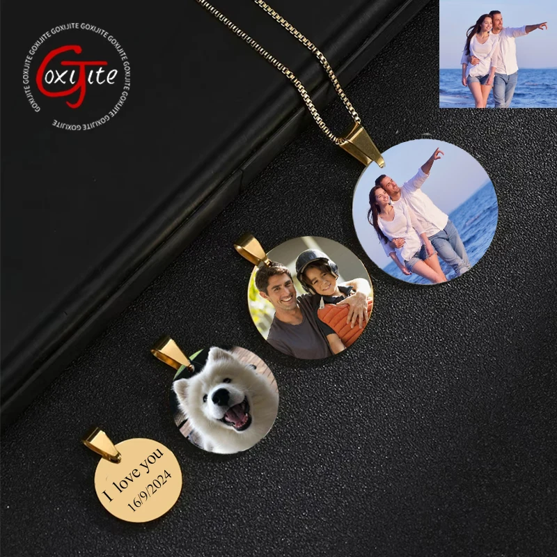 Goxijite Customized Name Date Necklace For Men Women Stainless Steel Personalized Color Photo Round Necklaces Jewelry Gifts
