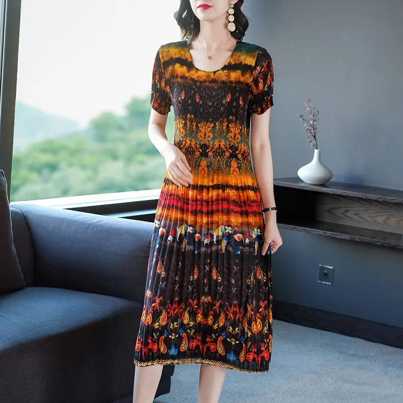 

Pleated Dress 2023 Summer New Mid length Print Waist Wrap Large Size Positioning Flower Fashion Dress