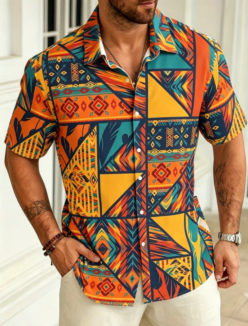 

Men's tribal and ethnic geometric printed short sleeved button up shirt, suitable for summer, outdoor, and weekend wear