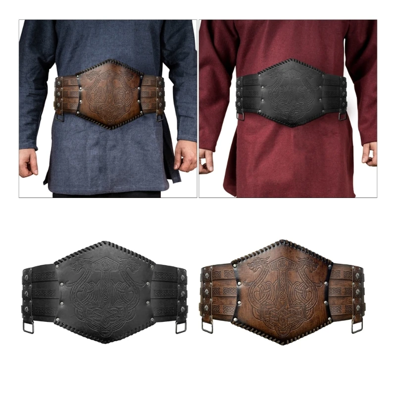 Medieval Faux Leather Belt Renaissance Knight Corsets Belt Viking Embossed Wide Belt Norse Cosplay Costume Armors Belt