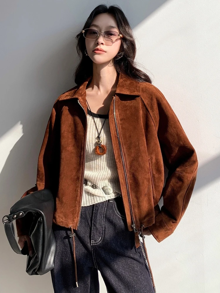 Giacche vintage in vera pelle scamosciata corta per donna Autunno Inverno 2025 Cappotto in vera pelle di capra casual allentato semplice di fascia alta