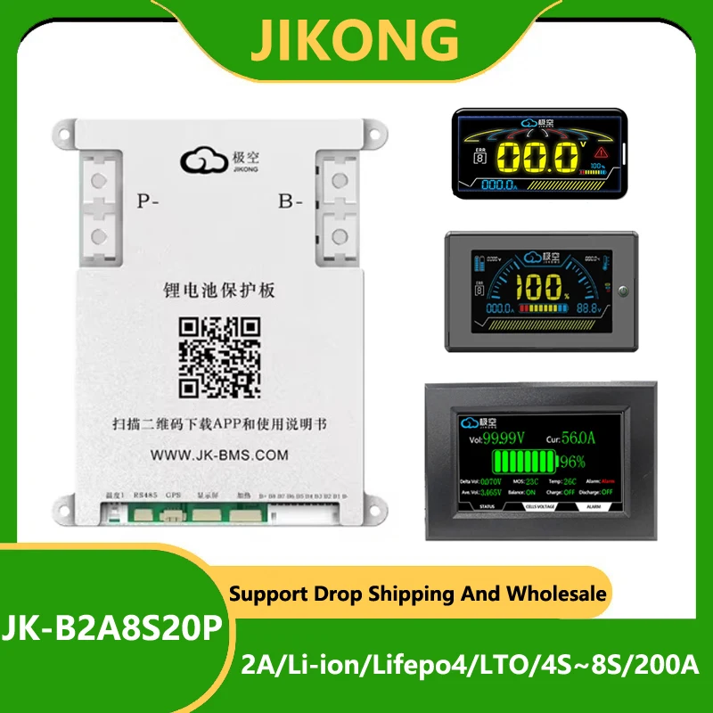 JK BMS JK-B2A8S20P Smart Jikong Active Balance Li-Ion LTO Lifepo4 Battery 1A 2A 4S-100A 200A 24V/12V BT Compatible Ebike Camping