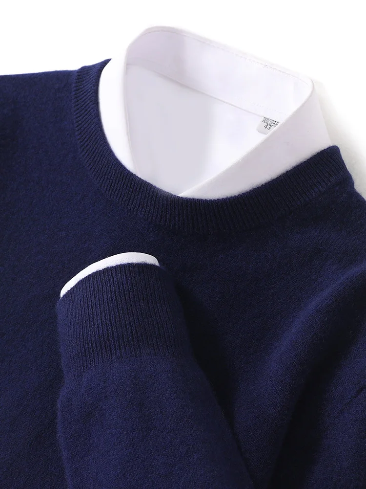 24 autumn and winter new men\'s 100% pure sweater round neck knitted solid color cashmere pullover fashion business casual top