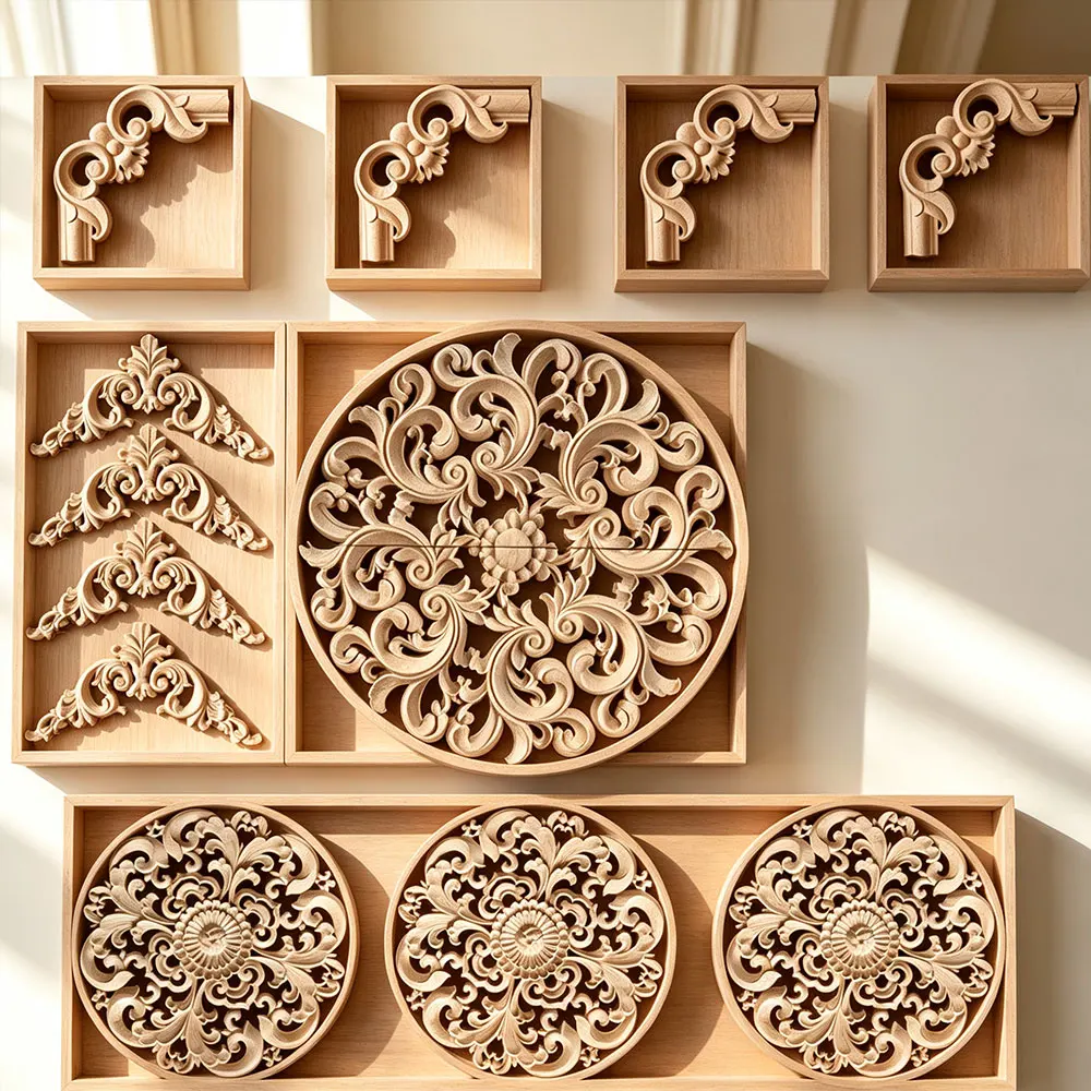 12PCS Wood Appliques Natural Appliques for Furniture Mouldings Decal Decorative Figurines Home Decoration Accessories