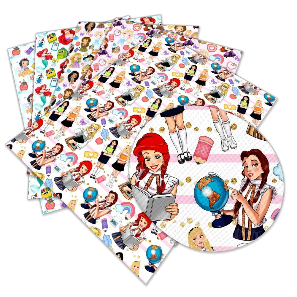 Disney Cartoon Princess Cute Pattern Printed Faux Leather Sheets Vinyl Sheets DIY Earring Hair Bow Crafts Leather 12*8