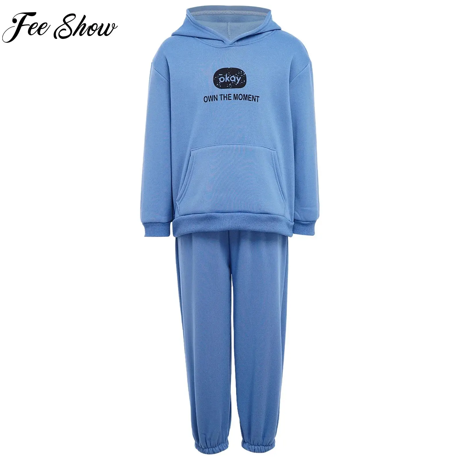 Girls Boys Fleece-lined Outdoor Sports Sets Tracksuit Casual Outfit Child Long Sleeve Hooded Sweatshirt+Sweatpants 2-piece Set