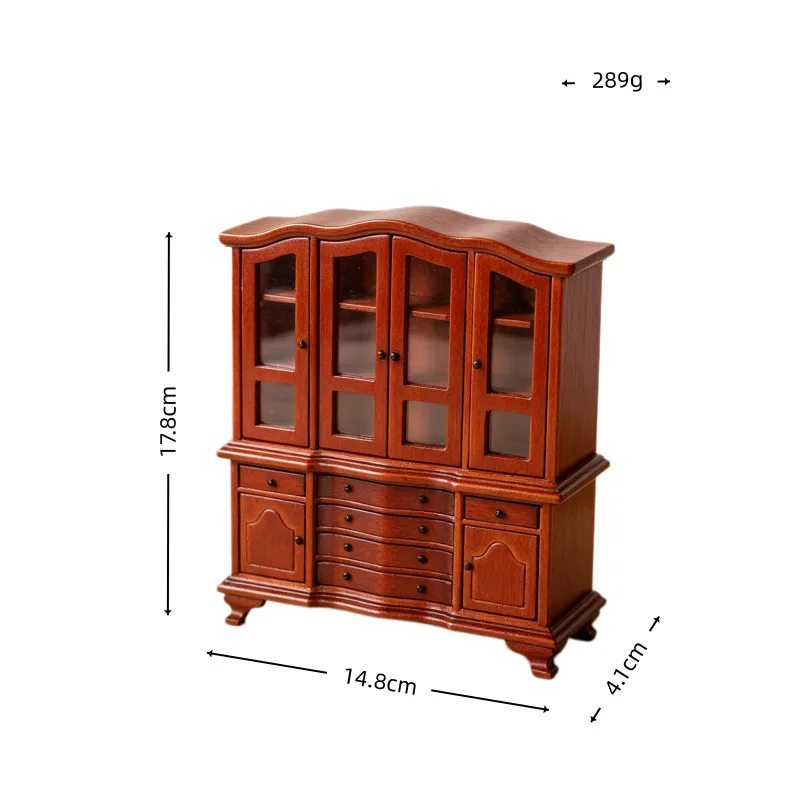 Mini Cabinet Vintage Pine Wood Display Cabinet with Drawers 1:12 Miniature Storage Bookcase Living Room Furniture Decoration