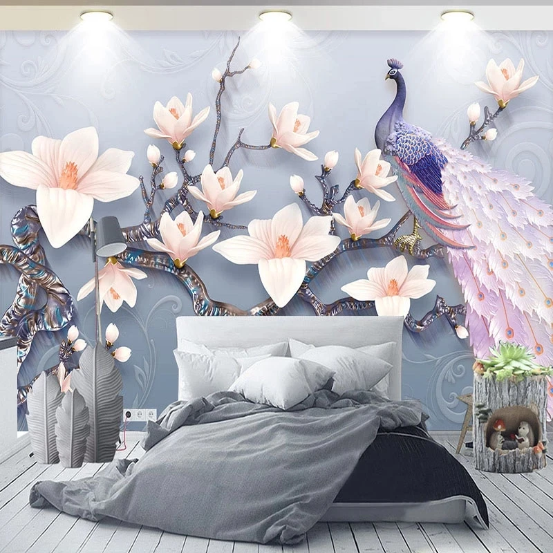 Customized Wallpaper 3D Relief Magnolia Peacock Flower Mural Living room sofa TV background wall bedroom restaurant wall fabric