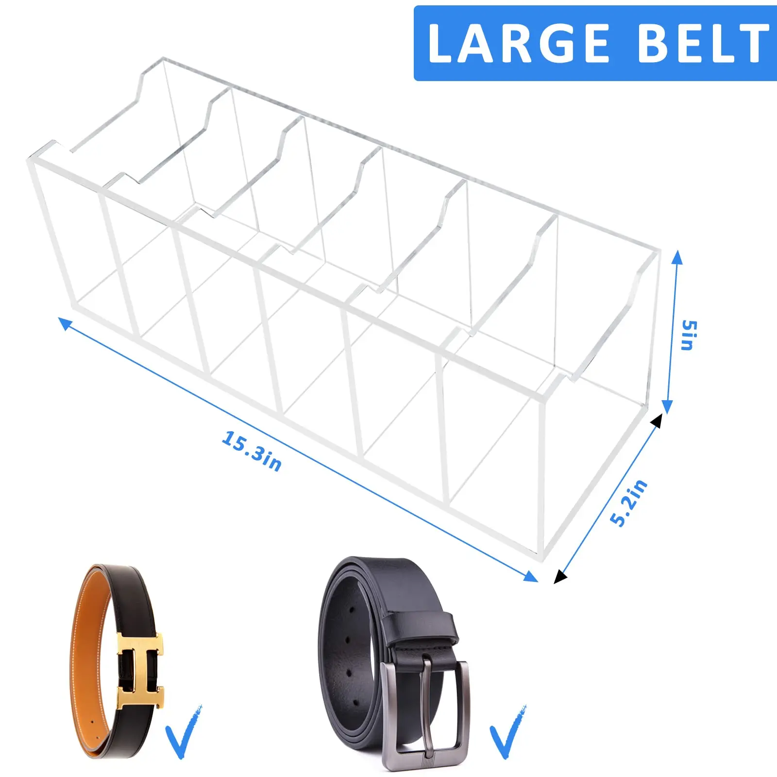 6 Grids Acrylic Belt Organizer for Closet and Drawer, Clear Storage Holder Display Case for Men Women, Tie, Jewelry