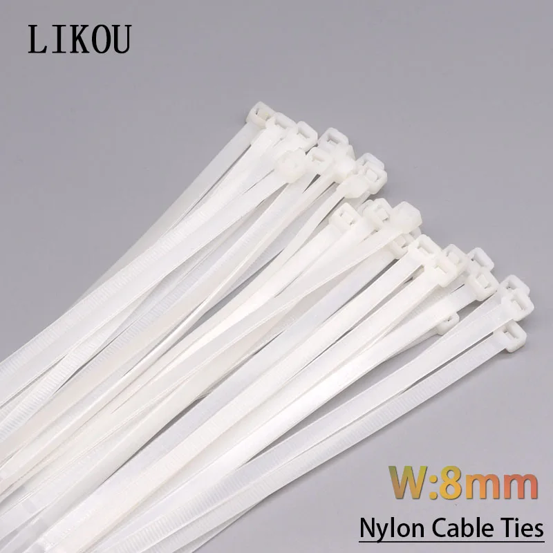 LIKOU self-locking Nylon cable ties 100pcs 8x150mm/200mm/250mm/300mm/350mm/400mm/500mm/Plastic cable ties straps White