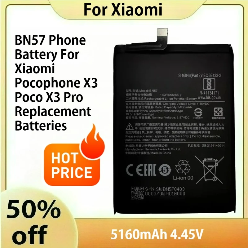 

2025 5160 мАч Высокое качество BN57 телефонный аккумулятор для Xiaomi Pocophone X3 Poco X3 Pro Сменные аккумуляторы