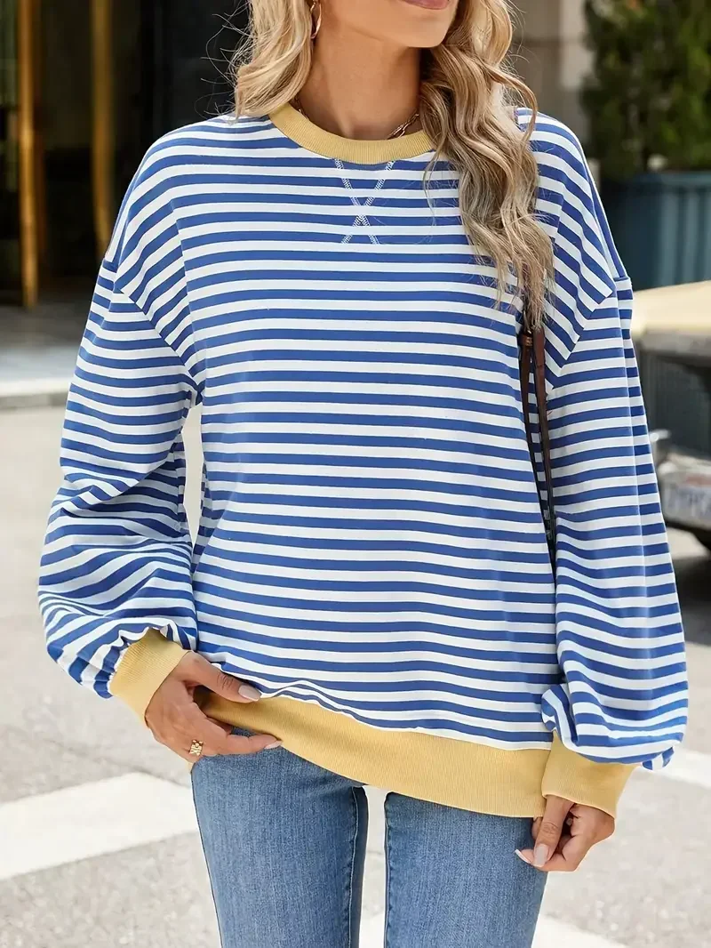 Plus Size 1XL-5XL Women Casual Casual Striped Drop Shoulder Long Sleeve Sweatshirt Women's Round Neck Loose Sweatshirt 3