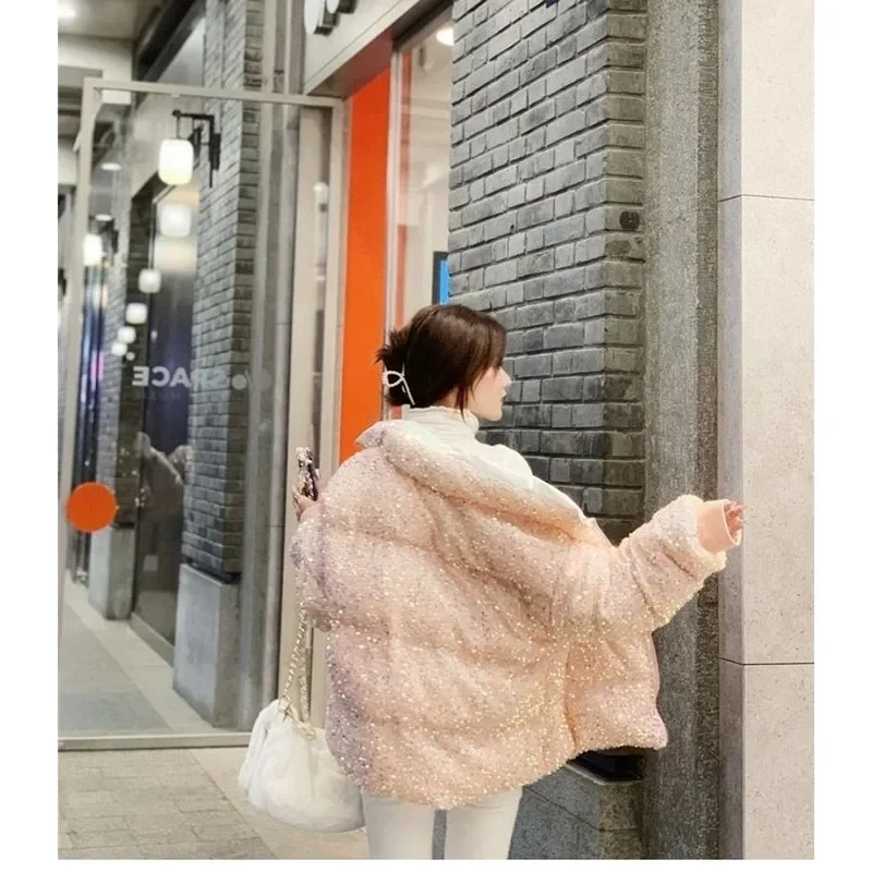 Pop Sequin Heavy Lndustry Down Cotton-Padded Jacket Women's Winter Korean Loose Collar Short Bread Cotton-Padded Jacket Coat