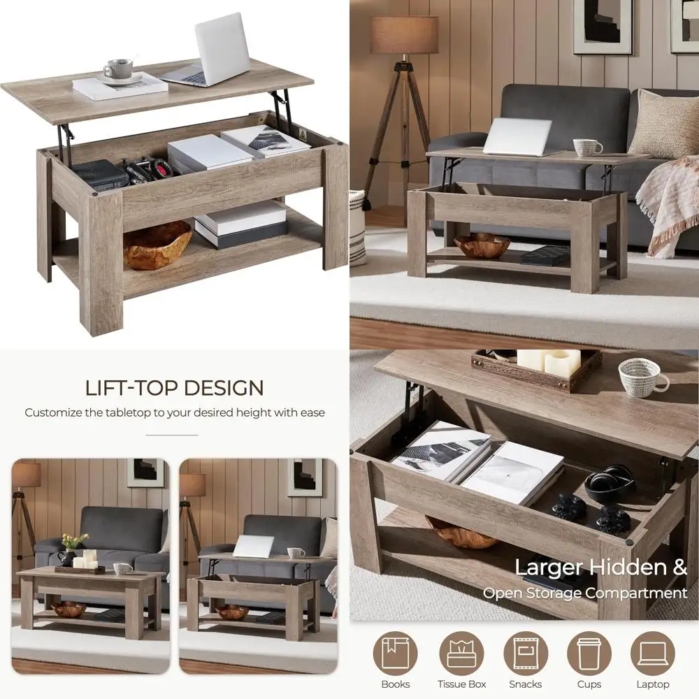

Hidden Compartment Coffee Table with Lift Top and Storage Shelf, Dining Table for Living Room and Reception Area