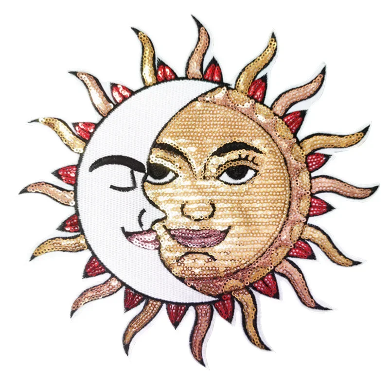 Large Patches Iron on Sun Moon Face Bead Embroidery Iron on Patch Big Patches for Jackets Cartoon Iron Patches Sequin Appliques