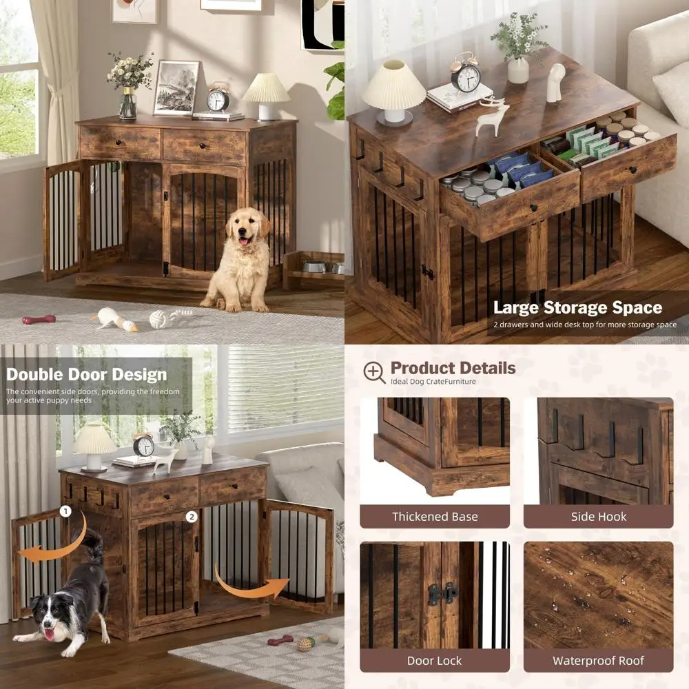 قفص خشبي للكلاب على طراز المزرعة - منزل حيوانات أليفة متعدد الأغراض مع أبواب مزدوجة ودرجين للكلاب الصغيرة والكبيرة